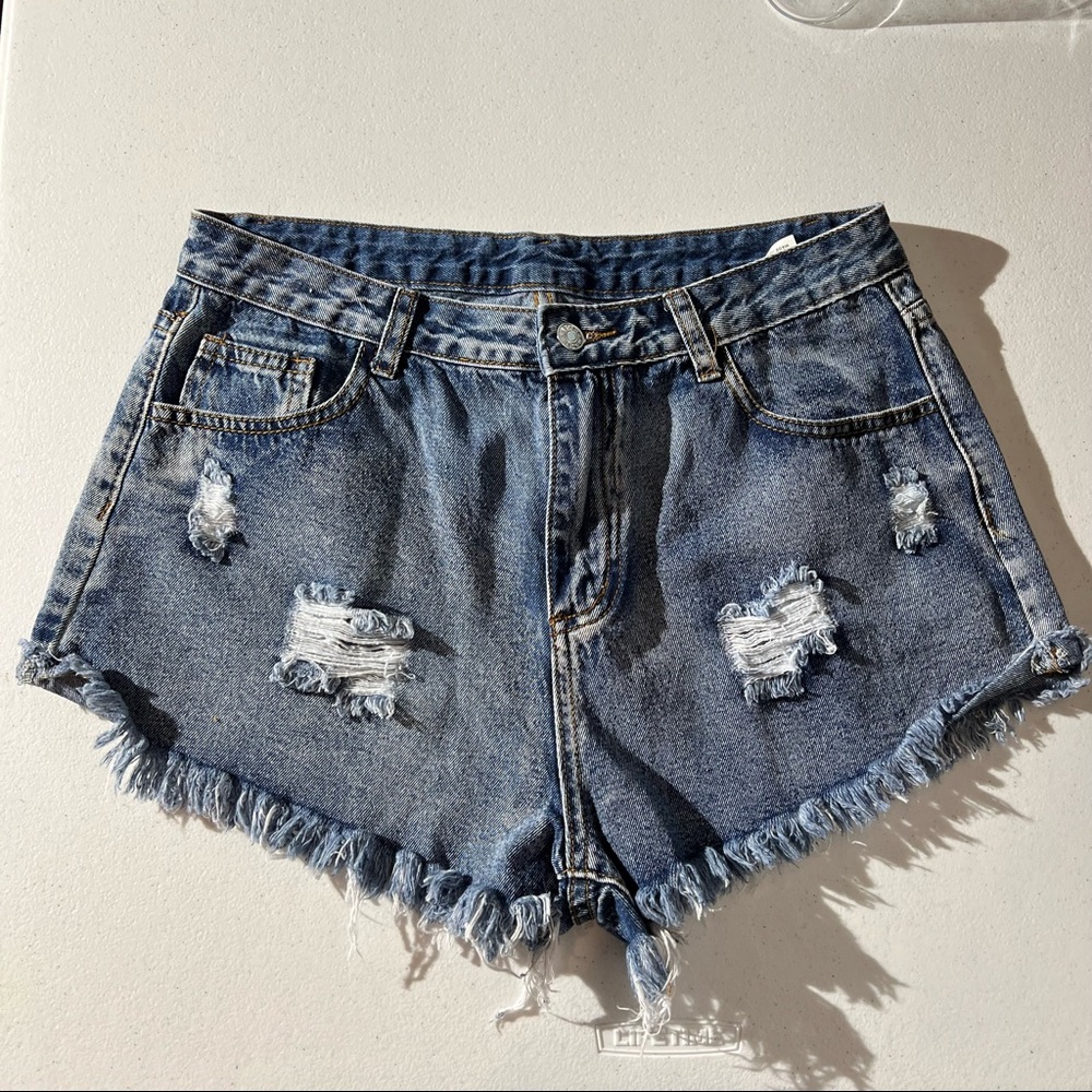SHEIN High Waisted Distressed and Frayed Hem Blue Denim Shorts - Size L